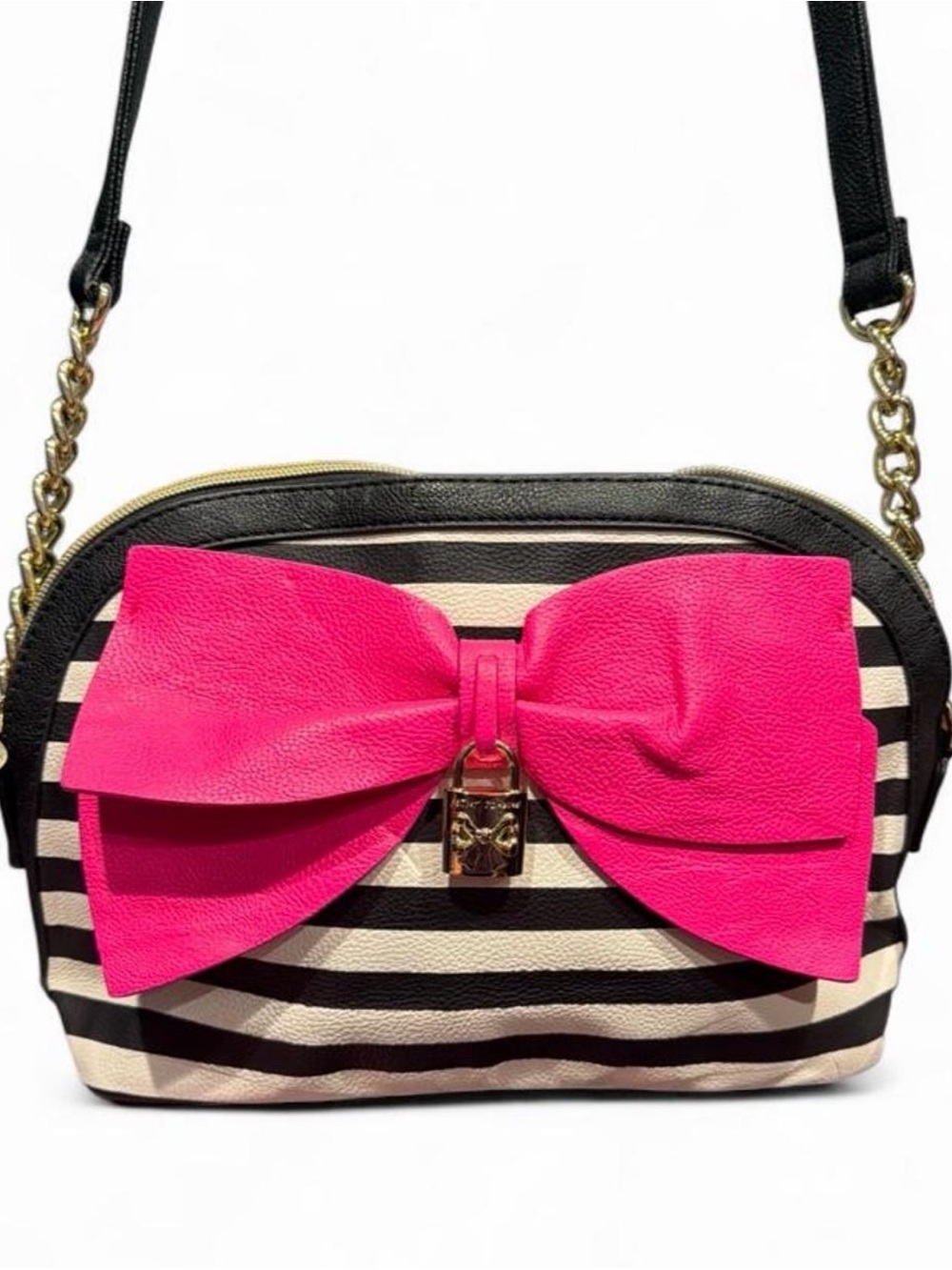 Betsey Johnson Black & White Striped Crossbody with Hot Pink Bow